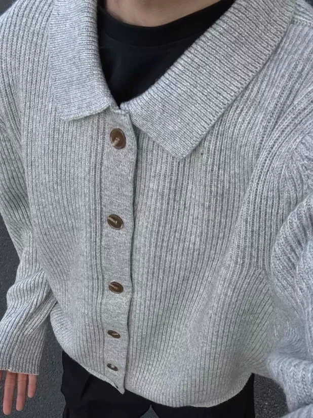 

Loose Knitted Long Sve irt Boyfriend Sle Texture Core Spun Yarn Button Workwear Jaet Youth Spring American Sle