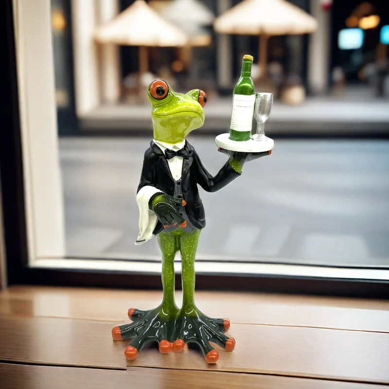 Estatua de camarero de rana linda, decoración de estatuilla de Animal, gabinete de vino familiar, adornos de escritorio para restaurante, taberna, cafetería, esculturas de rana