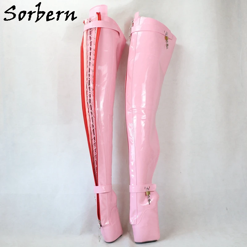 Sorbern Crotch Thigh High Boots Women Ballet High Heel Lockable Zipper Lace Up Buckles Custom Fetish Shoes BDSM Boot