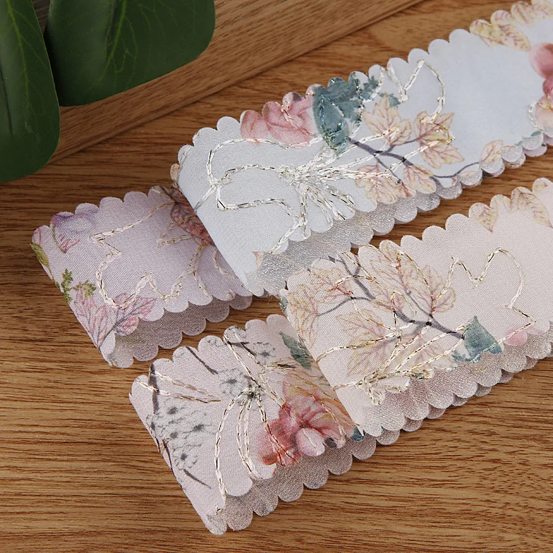 2Yards 38mm Golden Thread Vintage Flower Printed Organza Ribbon fit DIY Headwear Wedding Party Decoration Gift Wrapping