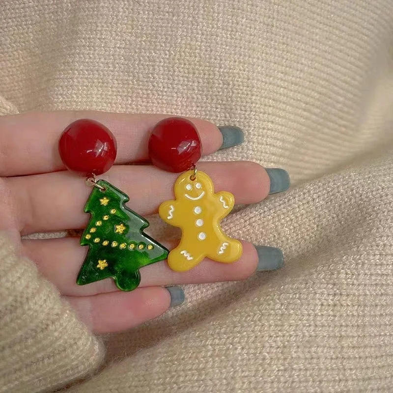 Autumn and Winter Gingerbread Man Ear Clips Asymmetrical Cute Christmas Tree Clip on Earrings No Ear Piercings for Women Girls