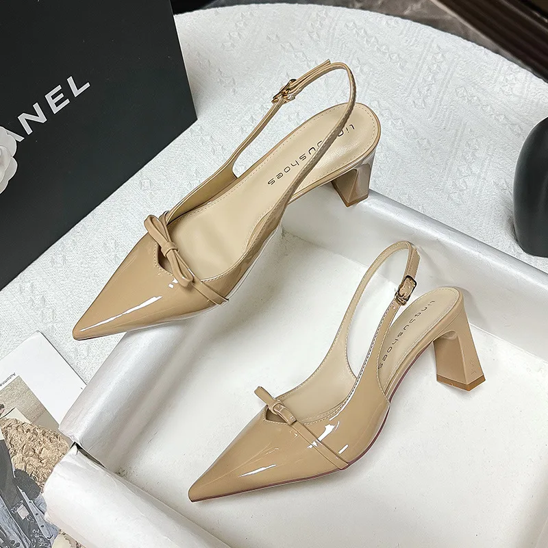 Spring and Autumn 2025 New Women's Shoes Empty Bag Head Sandals After Bow Thick Heel High Heels