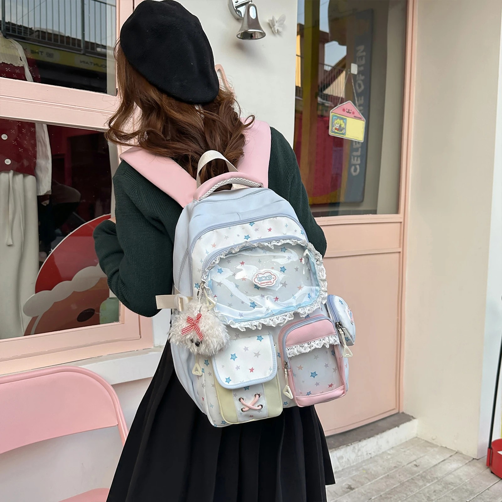 Women Nylon Cute Ita Backpack with Clear Insert Cutecore Daypack Y2K Style for Women Teens  Cosplay Concert Gifts