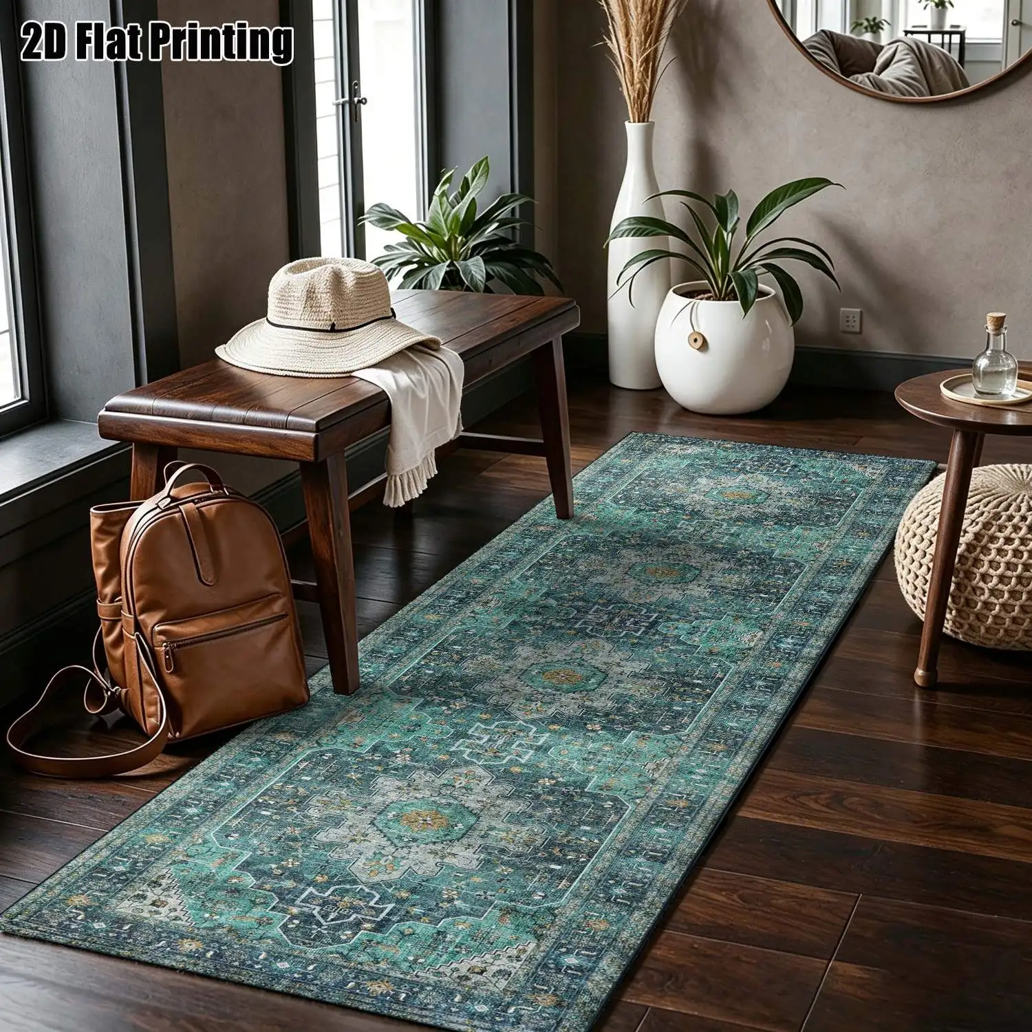 1Pc 2D Printed Long Strip Rug: Retro Blue-Green Geometric Pattern European/Bohemian/Nordic Style, Machine Washable, Multi-Size, Ideal for Entryway, Hallway, Living Room, Bedroom Home Decor.