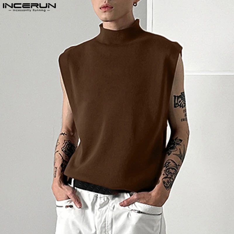 INCERUN Men Tank Tops 2023 Turtleneck Sleeveless Loose Fashion Men Clothing Streetwear Solid Korean Style Casual Vests S-5XL