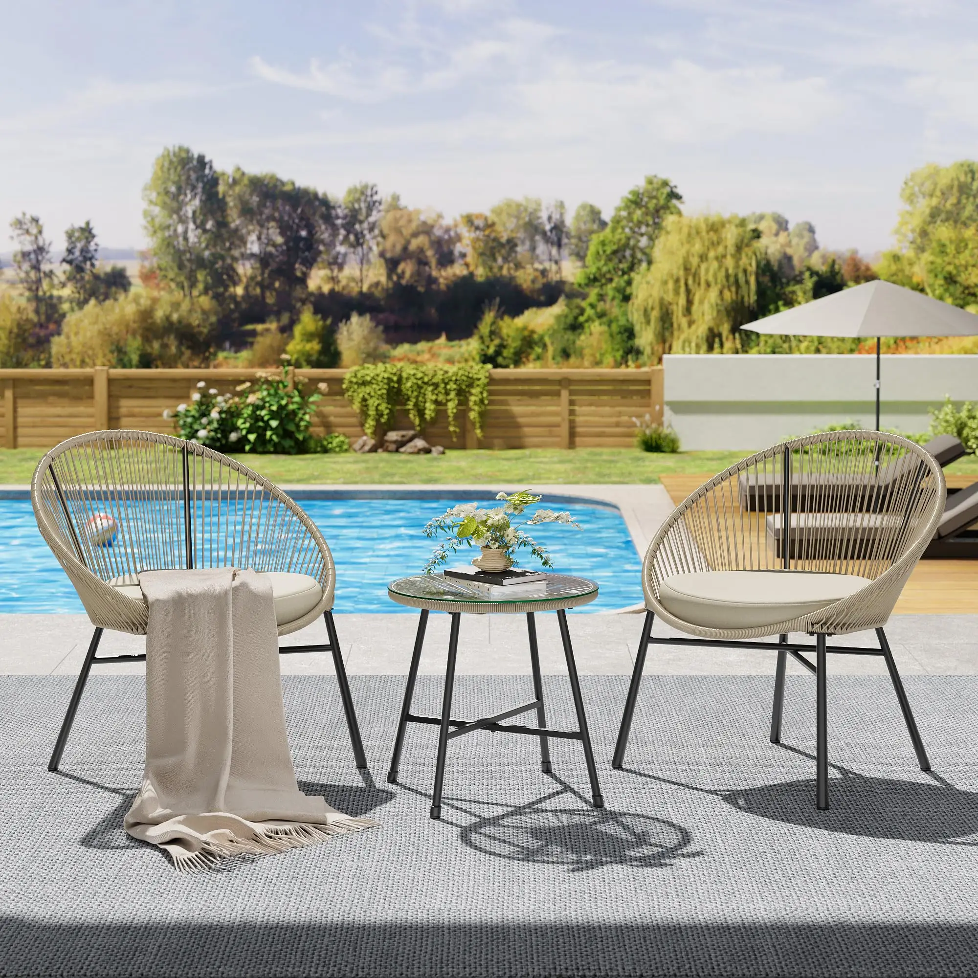 

3 Pieces Outdoor Acapulco Chair Patio Bistro Set, All-Weather Acapulco Chairs with Glass Top Table, Modern Patio Conversation