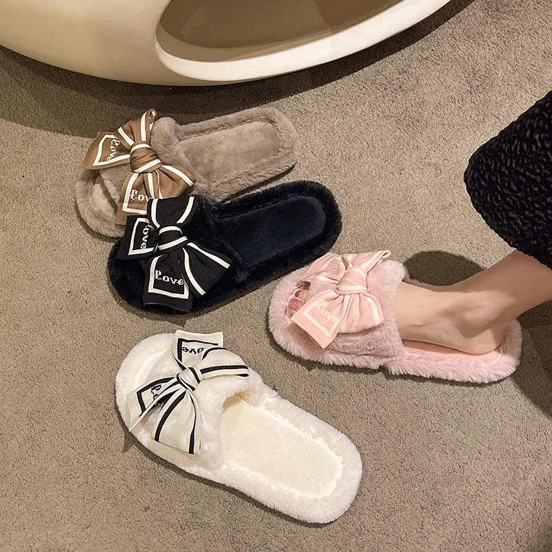 

Casual Fluffy Slippers Women House Flats Fashion Winter Bowknot Love Designer Shoes Ladies Home Plush Platform Elegant Footwear