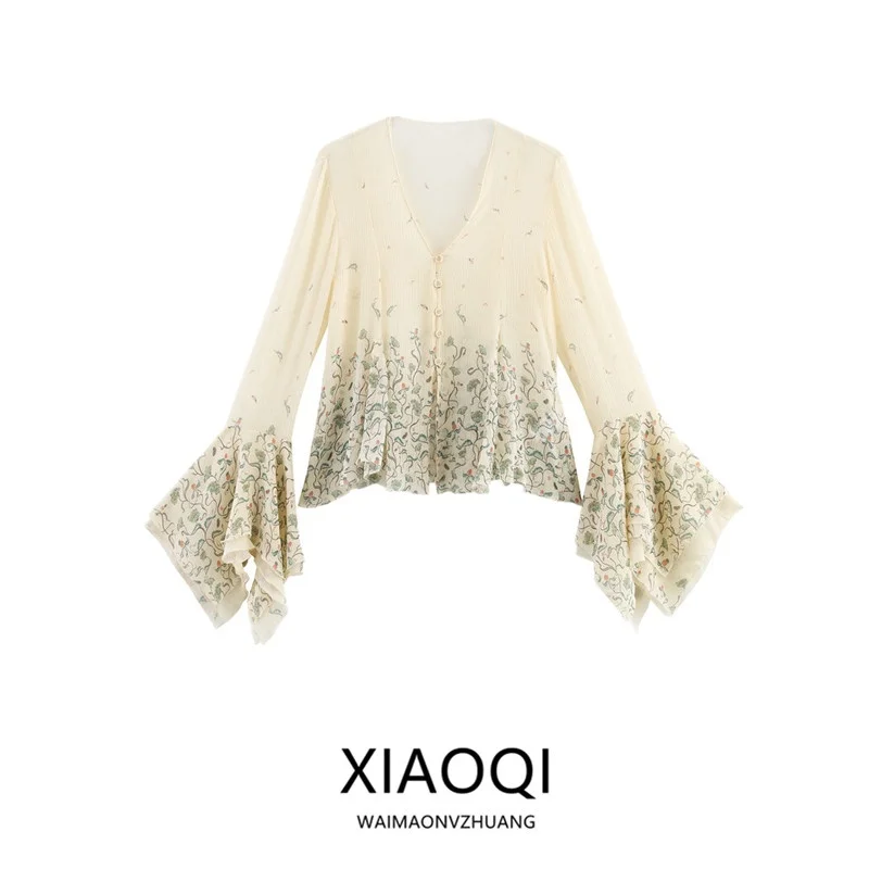 Modna długa koszula z dekoltem w serek, odzież damska, wiosna lato, nowość, uniwersalna francuska elegancja, luźny krój, detale na guziki.