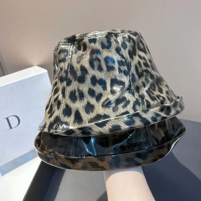 

Leopard Bucket Hat Shiny PU Leather Wide Brim Face Cover Women Lightweight Adjustable Outdoor Fashion Viral Free Shipping​​
