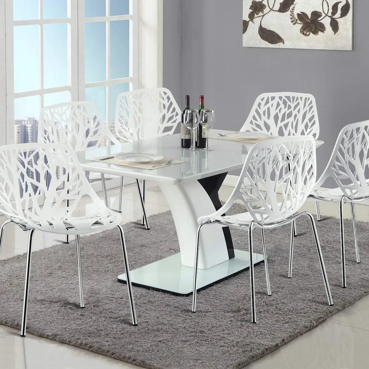 Set of 6 Modern Dining Chairs w/Plastic Feet Pads Stackable Chair Geometric Style Furniture Dining Side Chairs (6 Packs, White)