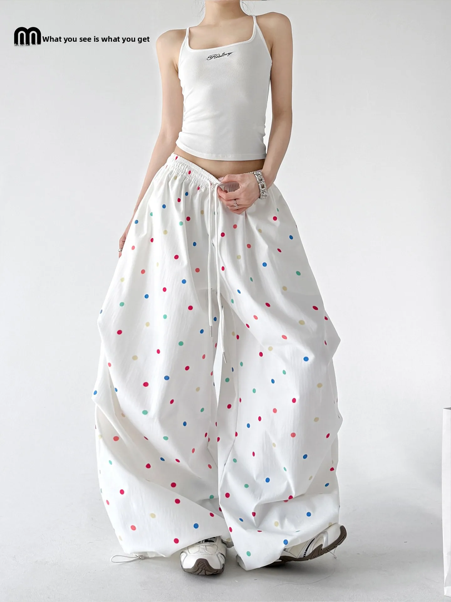 

Женские спортивные брюки в горошек, лето 2026, новая модель, с высокой талией, широкие штанины, повседневные, для ленивых дам, из полиэфирного волокна