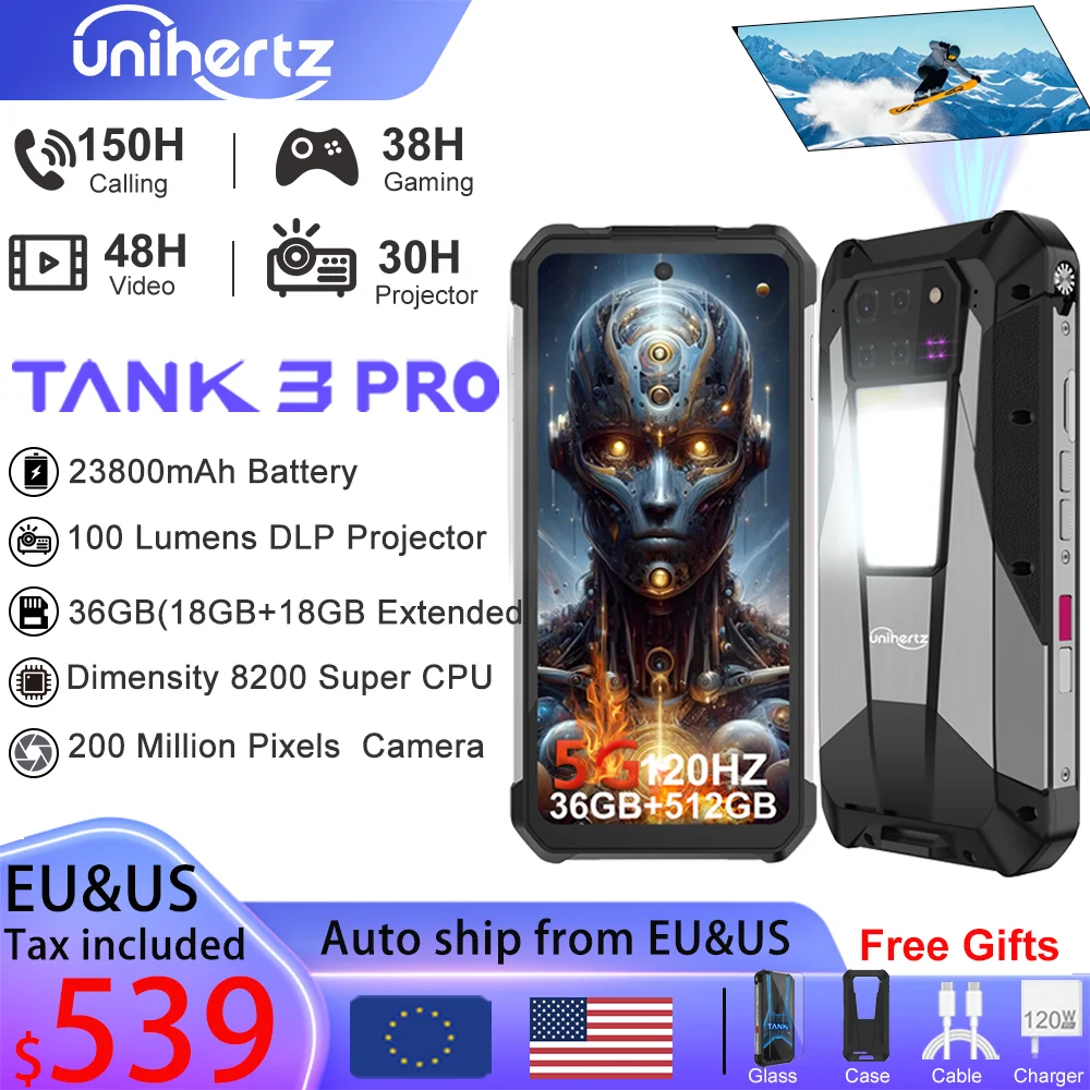 Unihertz Tank 3 Pro 8849 Smartphone with 100 Lumens 120Hz Projector 32GB+512GB 5G Phone 23800mAh 120W Fast Charger 200MP Camera