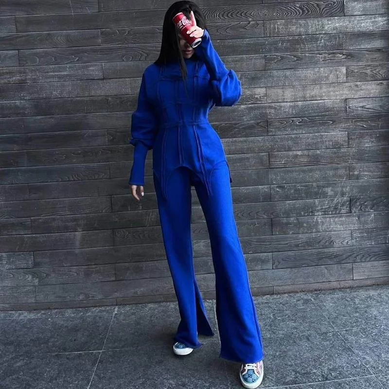 Fashion Design Sweat Outfits Women Winter Suits Long Sleeve Ladies Sweatshirt Clothes Two Piece Set Slit Pants Casual Sweatsuit