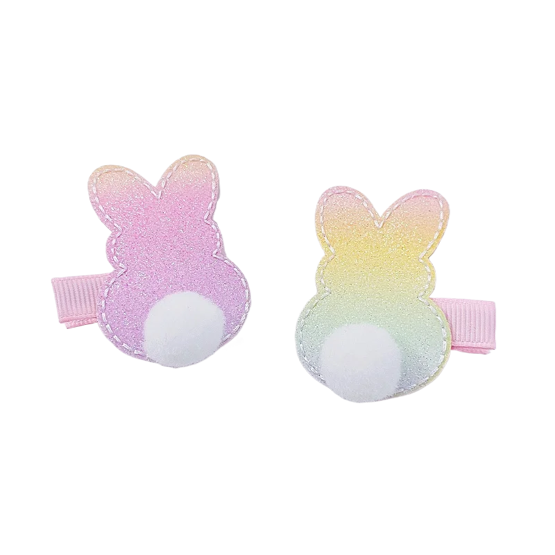 10Sets Glitter Gradient Rainbow Color Bunny Hairpins PomPom Tail Rabbit Barrettes Easter Headwear Boutique Hair Accessories