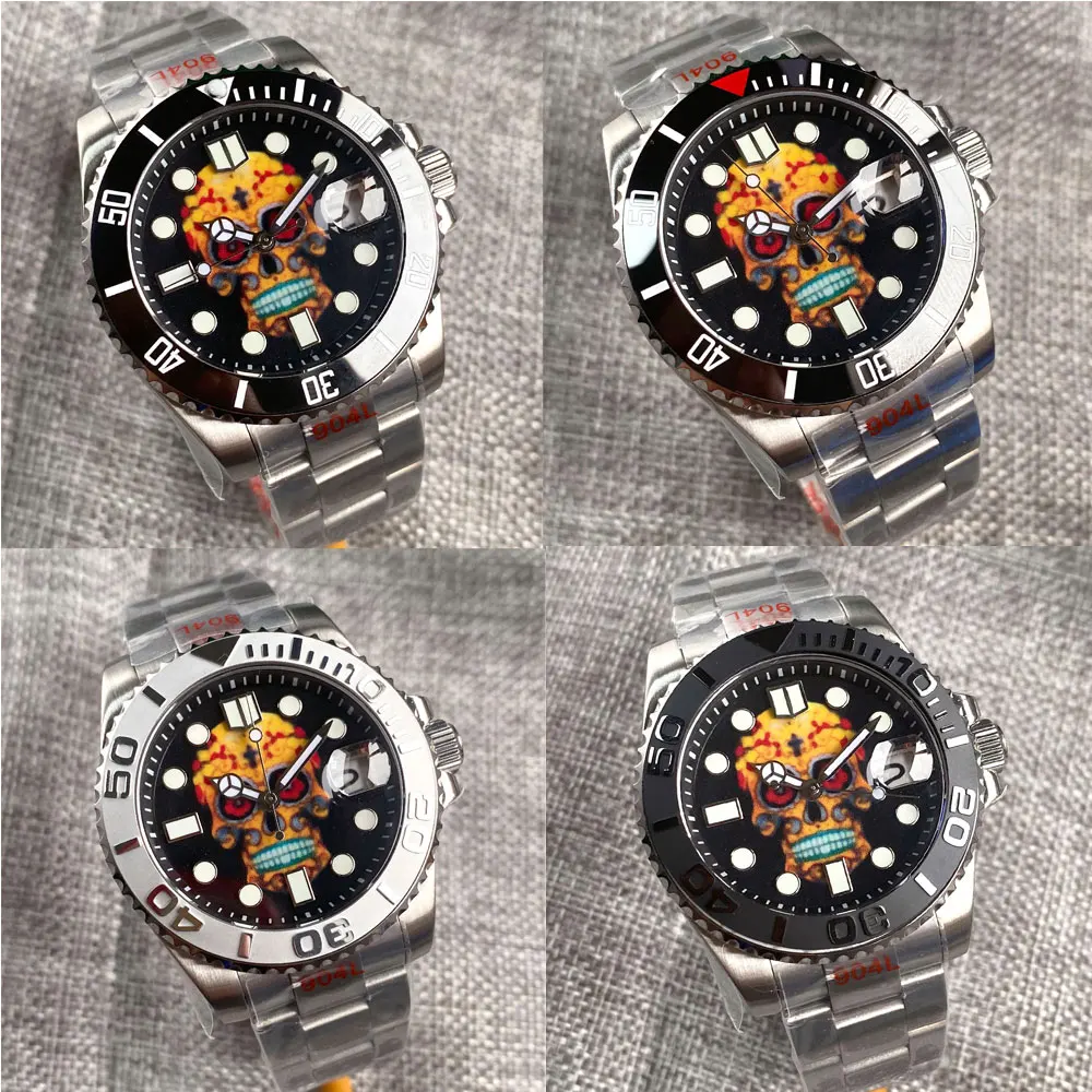 NH35A Movement Men\'s Automatic Watch 40mm Full Luminous Skull Dial Sapphire Crystal 316L Bracelet Date Ceramic Bezel