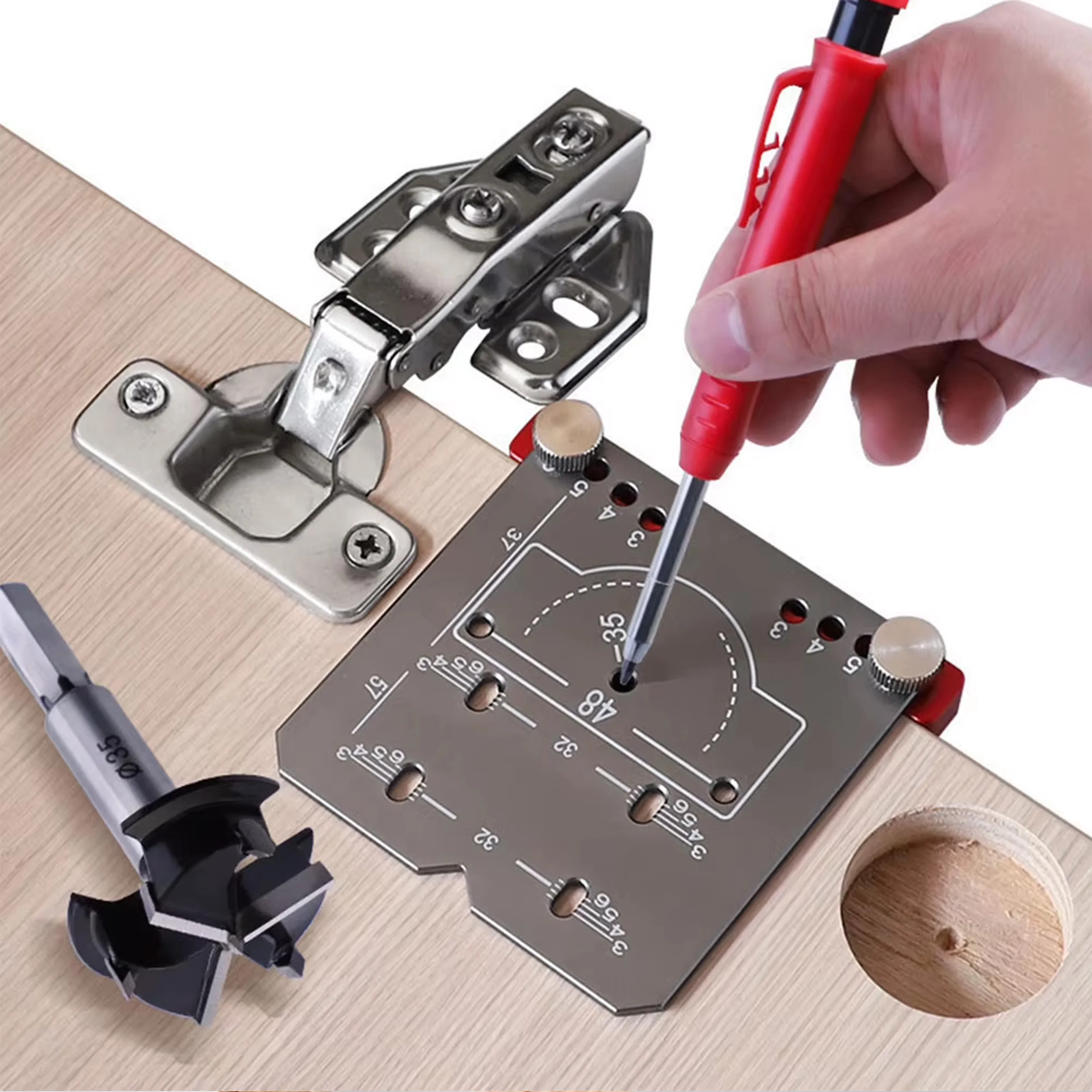 

35mm Woodworking Hinge Hole Opener Punch Tool for Quick Precise Drilling & Mounting with Punch Locator And Limiting Frame