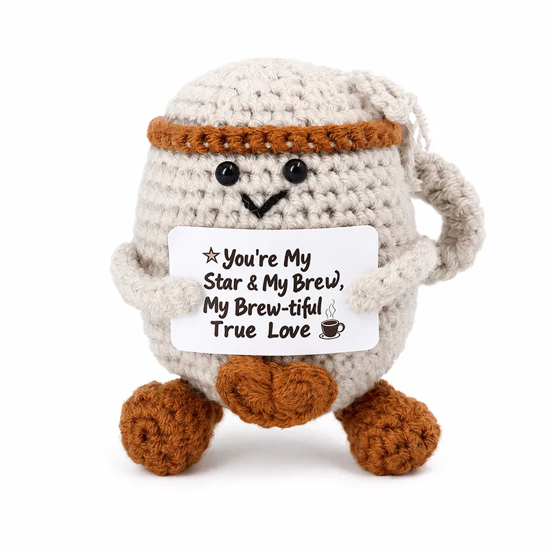 Handmade Positive Energy Coffee Cup Doll With Card Home Room Decoration Crochet Knitting Coffee Doll Ornament Christams Gift