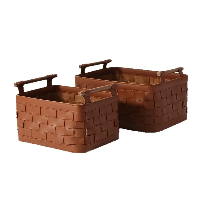 

Leather woven storage basket Household portable storage basket Bedroom large-capacity organizer