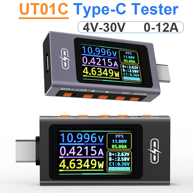 

UT01C 4V-30V 12A Type C Tester Voltmeter Ammeter TYPE-C Fast Charge Detection Trigger Capacity Measurement Ripple Measurement