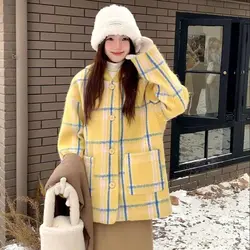 Woolen Coat Yellow Plaid Hooded 2024 New Autumn And Winter Retro Jacket Coat For Women Korean Style Short Elegant Coat