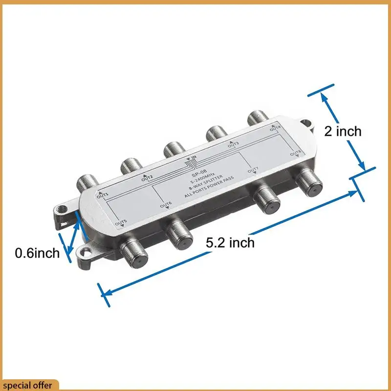 A68Z 2PCS Satellite 8 Way Coaxial Cable Splitter 5-2400Mhz F Type Plug Work With Analog/Digital TV Connection And Internet