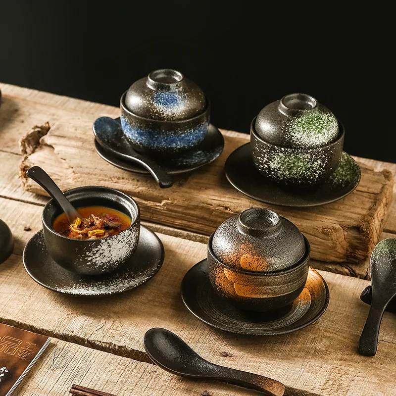 

Japanese Tableware Soup Cup with Cover Ceramic Soup Bowl Cover Bowl Egg Cup Stew Dessert Porridge Bowl Household