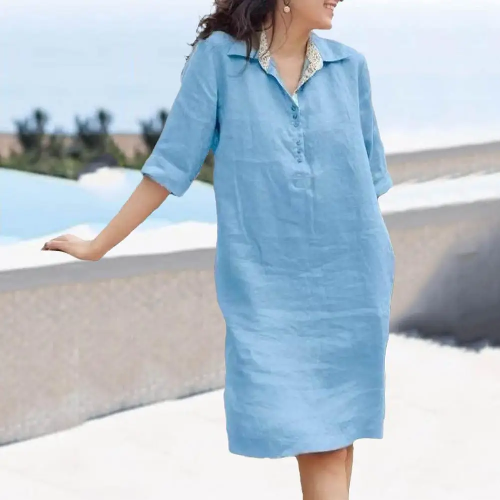 

Women Dress Loose Three-quarter Sleeves Solid Color Lapel Knee Length Soft A-line Casual Spring Summer Midi Dress