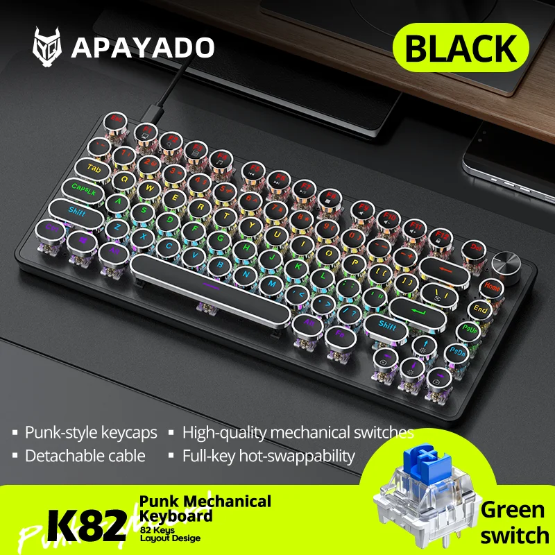 

Механическая клавиатура Apayado K82 — 82-клавишная мини-макет с возможностью горячей замены, полная N-клавиатура, RGB, круглые колпачки для клавиш в стиле панк