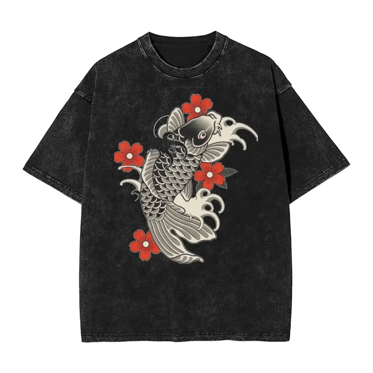 

Koi And Sakura Washed T Shirts Streetwear Hip Hop Vintage T-Shirt Fish and Flowers Tees Tops for Men Women Short Sleeve Summer