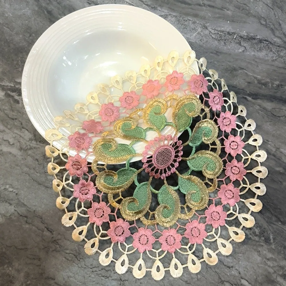 Vintage Embroidery Lace Doily Placemat Mandala Round Embroidered Table Doily Hollow Colorful Table Cup Mat Home Decor
