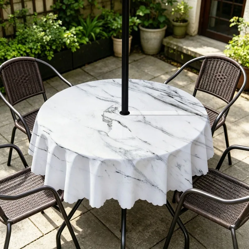 Outdoor Umbrella Hole Round Table Cover Draping Waterproof Oil-proof Dining Picnic Camping Courtyard Patio Party Tablecloth