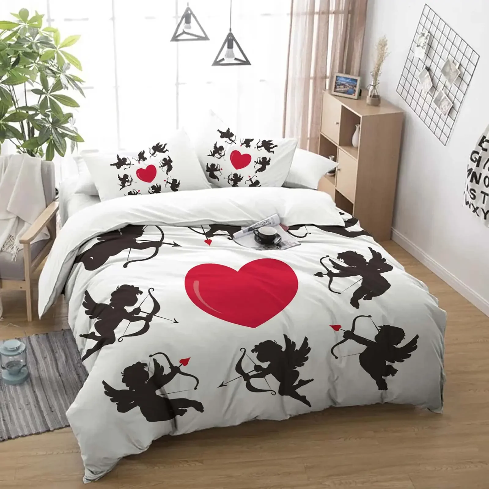 Cupid Duvet Cover Set Full Size,Love Heart Arrow Romantic Angel Comforter Cover Cupid's Love White Bedding Sets Quilt Cover Set