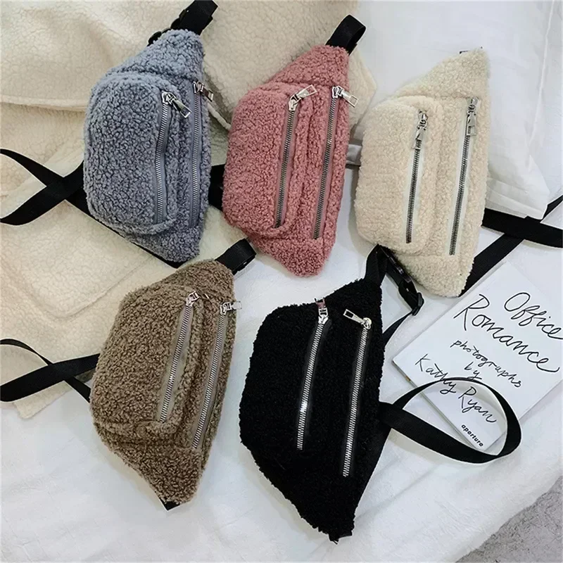 Plush Women\'s Waist Bag Solid Color Belt Bags Shoulder Crossbody Chest Bag Brand Designer Female Fanny Pack Banana Hip Purse