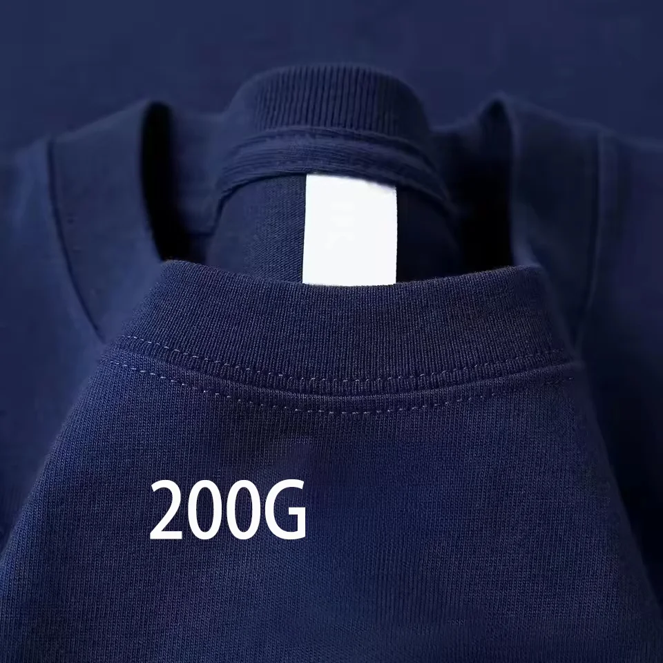 Navy Blue 200g Heavyweight Cotton Short Sleeved T-shirt Summer Round Neck Loose and Base Shirt for Men Women Basic Tee No Print