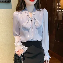 Long Sleeve Blouse Women Blusas Mujer De Moda 2024 Casual Bow Collar Purple Chiffon Blouse Shirt Women Tops Blouses Shirts G353