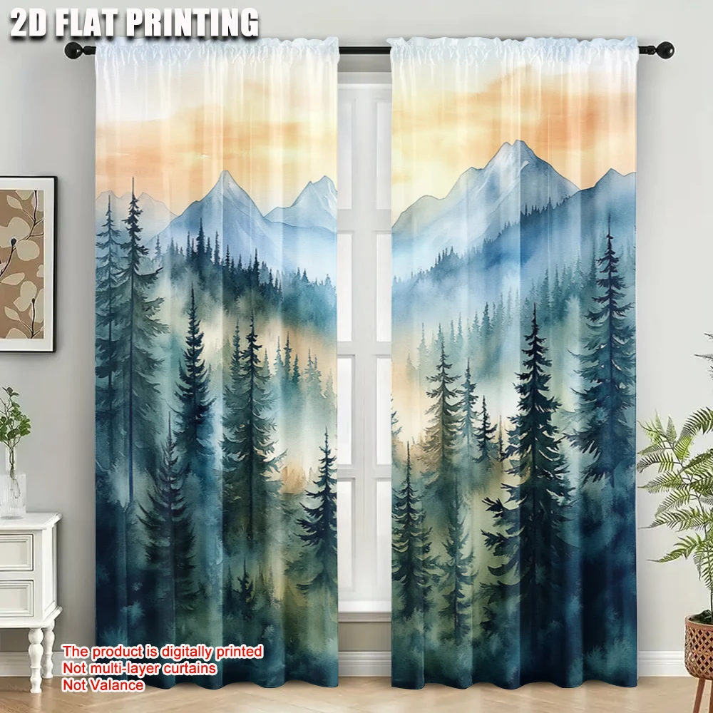 2pcs, Upscale Curtains 2D print Large Forest Mountains Pattern Durable 100% Polyester Fabric (without rod) Stuff Clearance Ldeal
