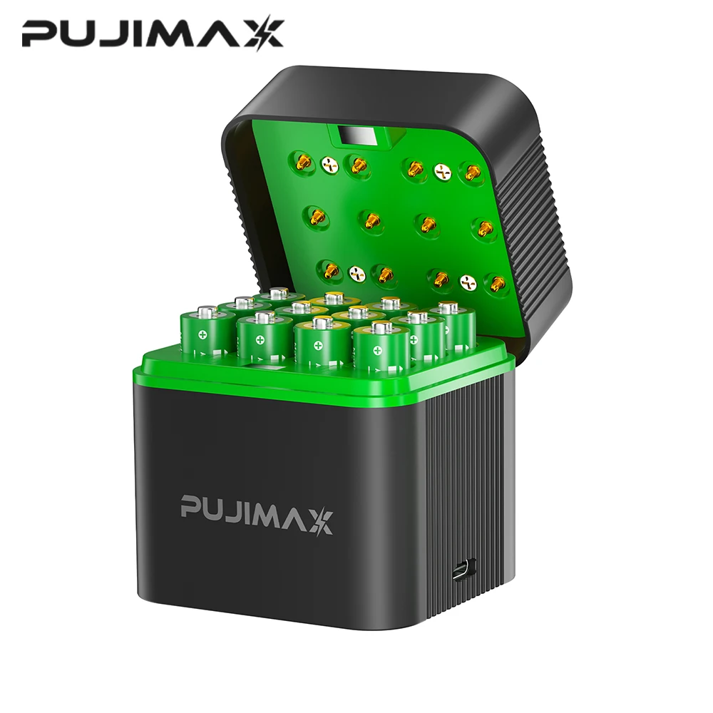 PUJIMAX 12-Slot AAA-Batterieladegerät für wiederaufladbare Lithium-Batterien 1,5V AAA 1100mWh Originalbatterien mit hoher Kapazität für Maus und Fernbedienung