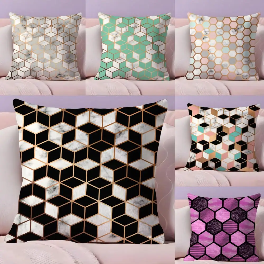 Hexagon Marble  Pattern Cushion Cover Plush Fabric Soft Double-Sided Printed Sofa Warm Winter Home Gift Pillow Cover