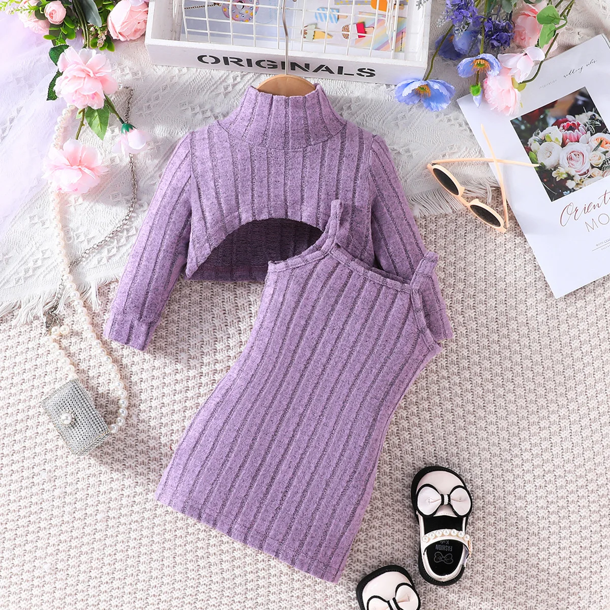 New Winter Children Sets Cute Long Sleeve Turtleneck Sweater Purple Dress 2 Pcs Roupa Infantil Menina Clothes Sets 0-2T