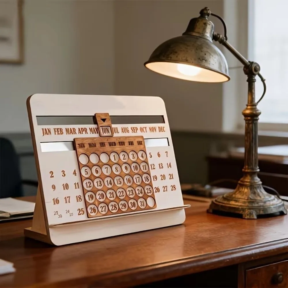Wooden Perpetual Calendar Desk Type Monthly Chart Design Monthly Chart Calendar Year-Round Display Feature Home Decoration