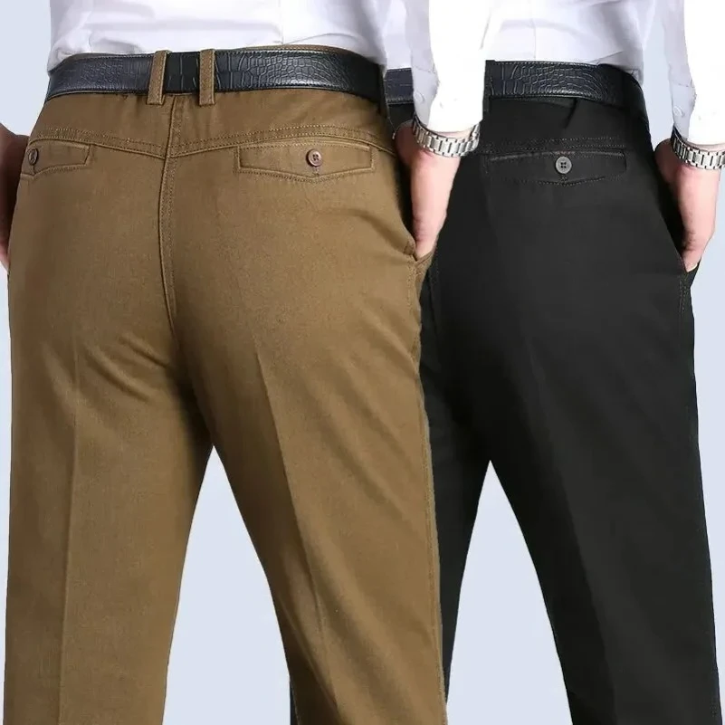 

New Men's 100% Cotton Summer Autumn Casual Pants Fashion Solid Black Khaki Gray Gentle Thicken Trousers Brand Smart Suit Pant