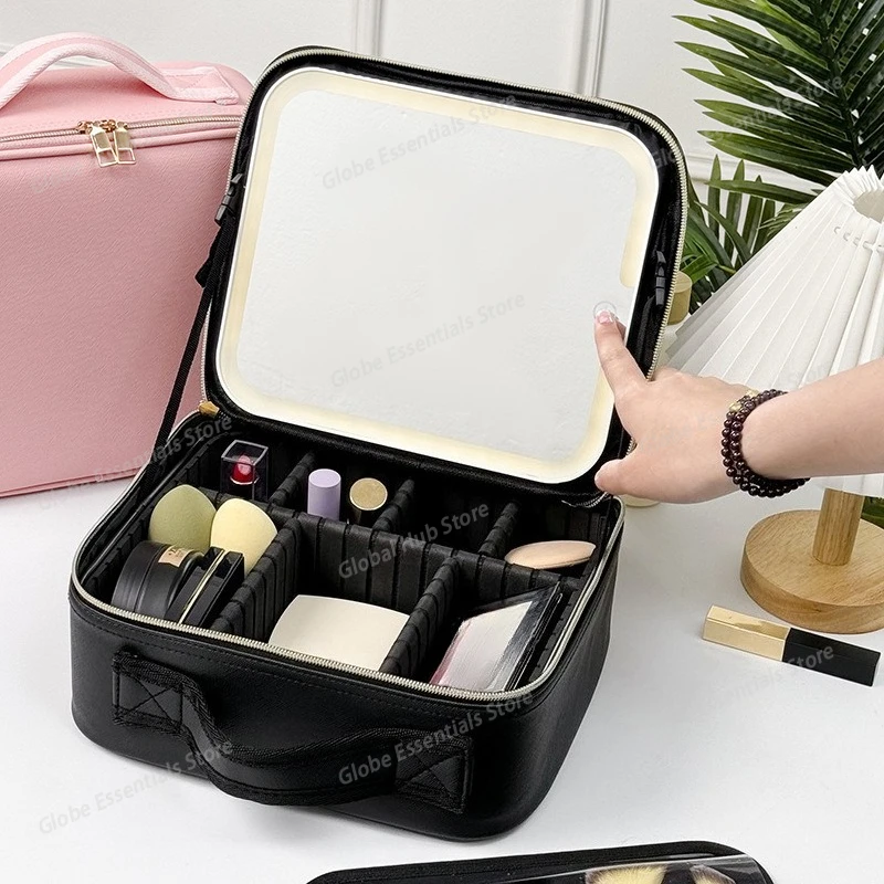 Full Screen LED Cosmetic Case with Mirror Large Capacity Premium Sense Portable Cosmetic Bag Removable Baffle Bag