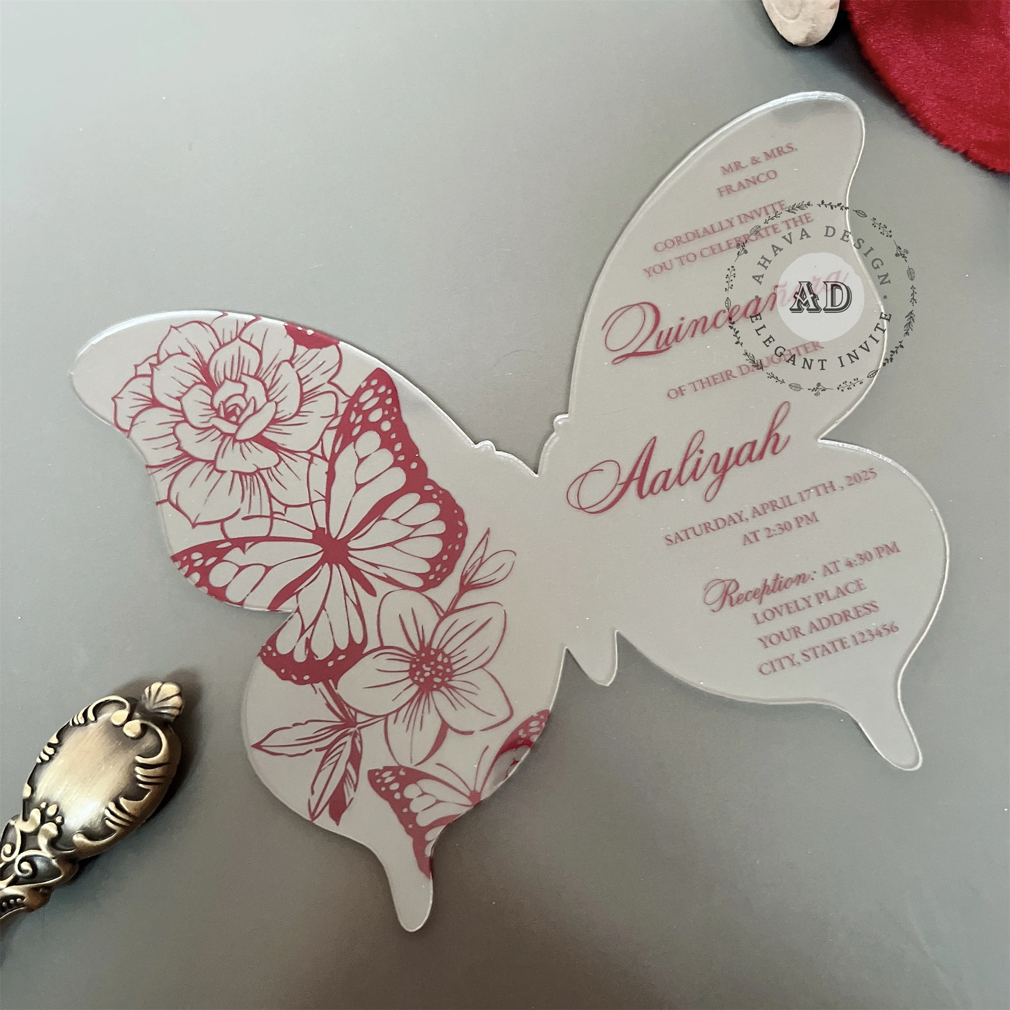 Burgundy Acrylic Butterfly Quinceañera Invitation, Mis XV Anos Acrylic Invite, Elegant Butterfly Acrylic card {Free Preview}