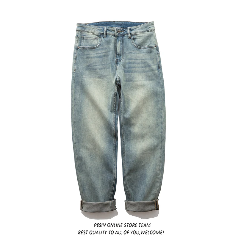 

Ретро американские эластичные свободные прямые джинсы из бамбука и хлопка с завышенной водой, модные светло-голубые универсальные брюки