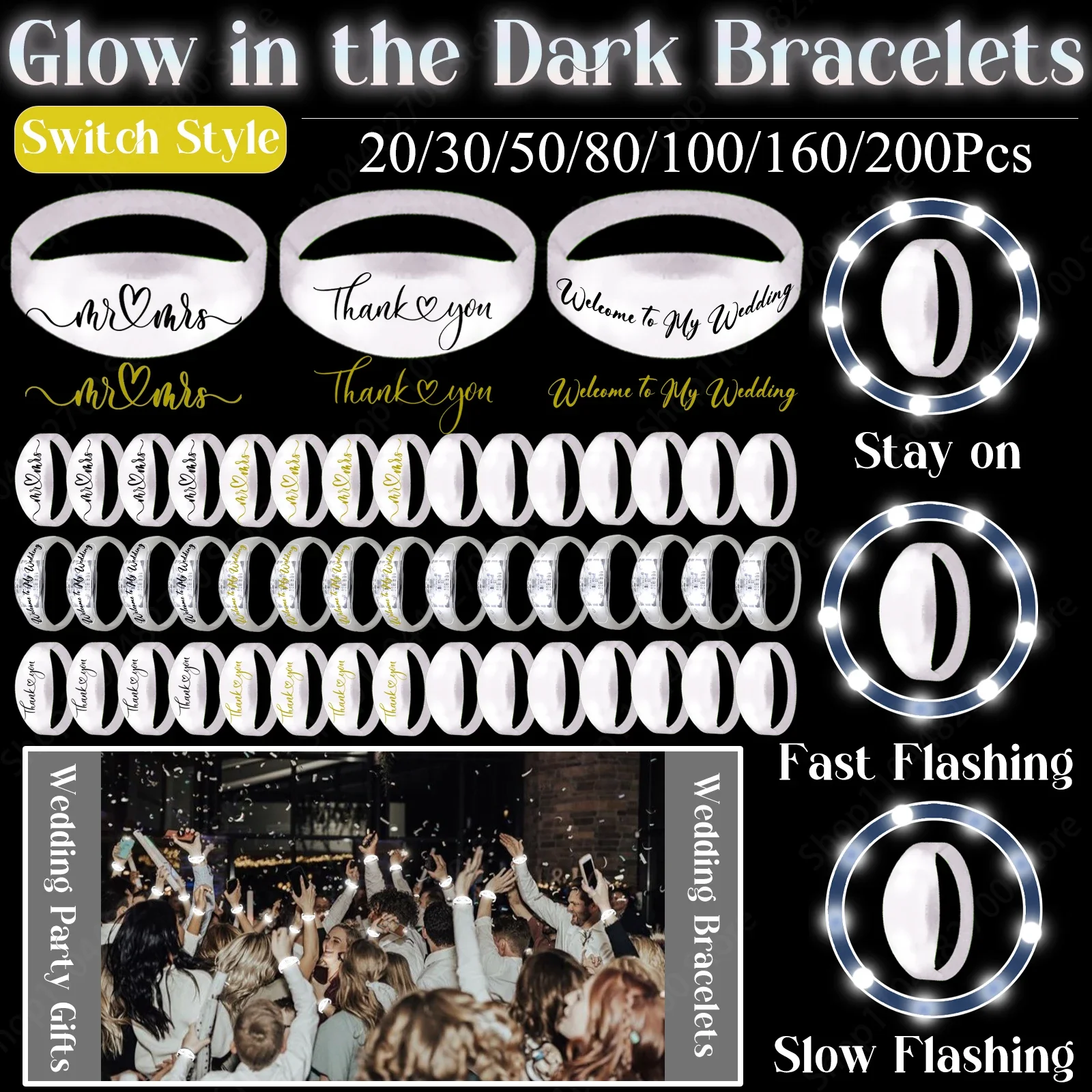20-200Pcs Glow in the Dark Bracelets Light up Bracelet LED Wedding Bracelets Flashing Wristband Wedding Birthday Party Supplies