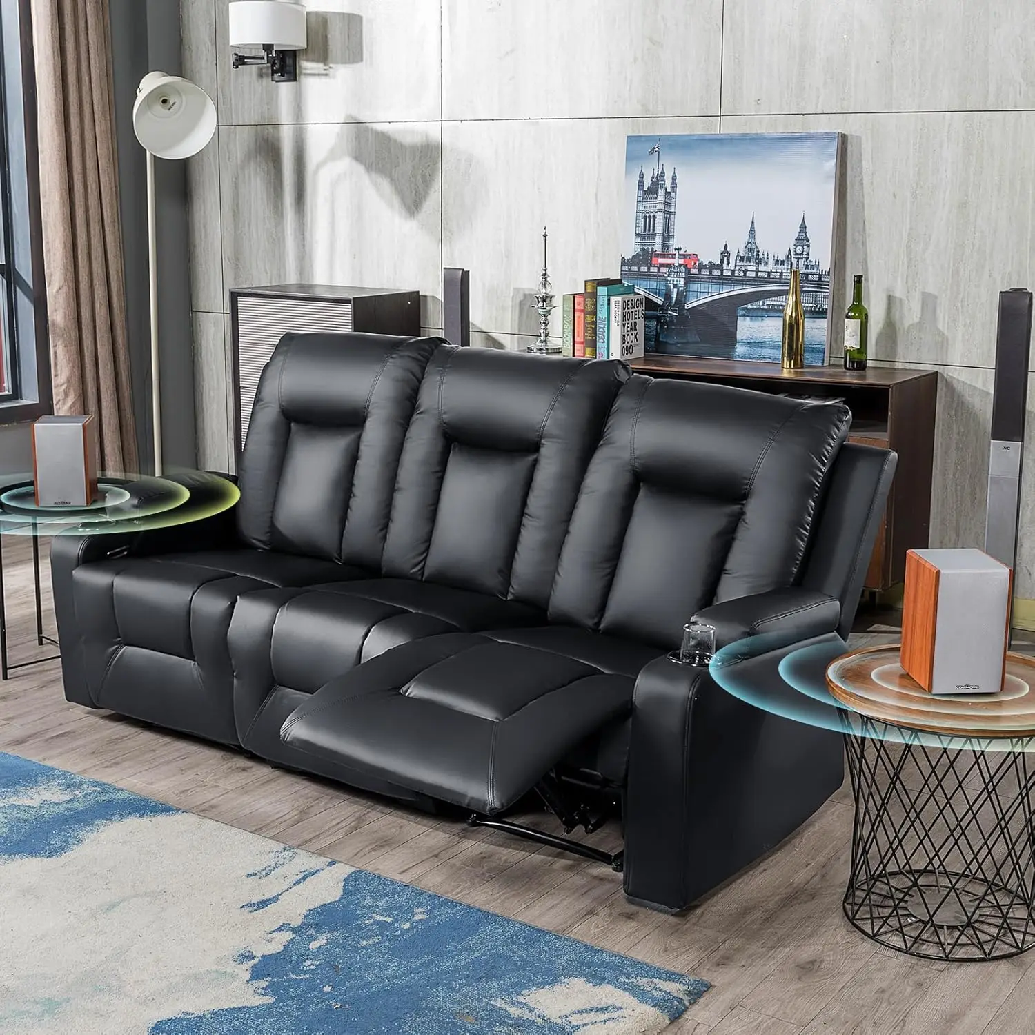 

Living Room Furniture Set, Bonded Leather Sofa With Cup Holder Recliner Chair, 3, Black
