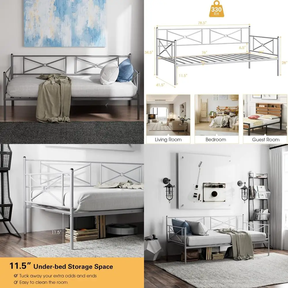 komfott twin size metal daybed frame, heavy-duty steel slats support platform bed frame, multifunctional sofa guest bed with hea