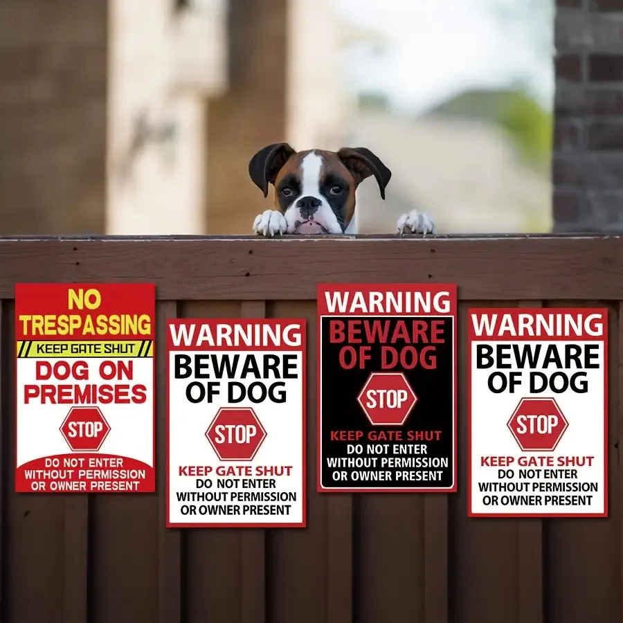 4pcs Heavy-Duty Metal Beware Of Dog Signs-Vintage Security Warning Decoration With Stop Symbol, No Trespassing & Keep Gate Shut