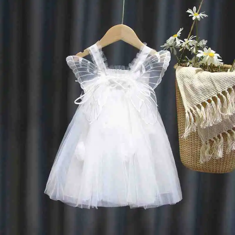Baby Dress Summer Girl Fairy Angel Wings Girl Treasure Fluffy Veil Suspender Princess Dress Pink Butterfly