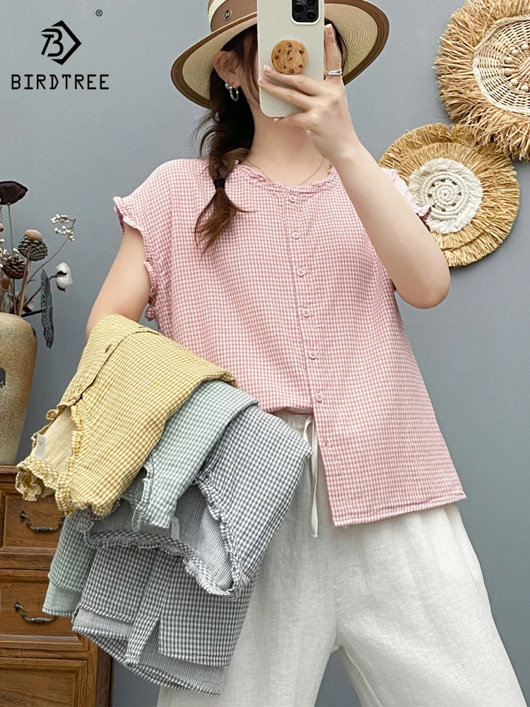 

New 2026 Summer Women Cotton Yarn Sleeveless Shirt, Ruffled Plaid, Mori Girl Temperament Preppy Style Thin Loose Blouse T65592CC